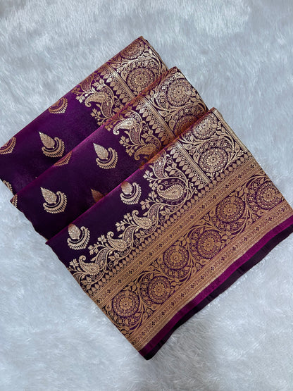 Deep Wine Satin Silk Banarasi Saree with Royal Guldasta Chakra Border and Traditional Chand-Panna Butis