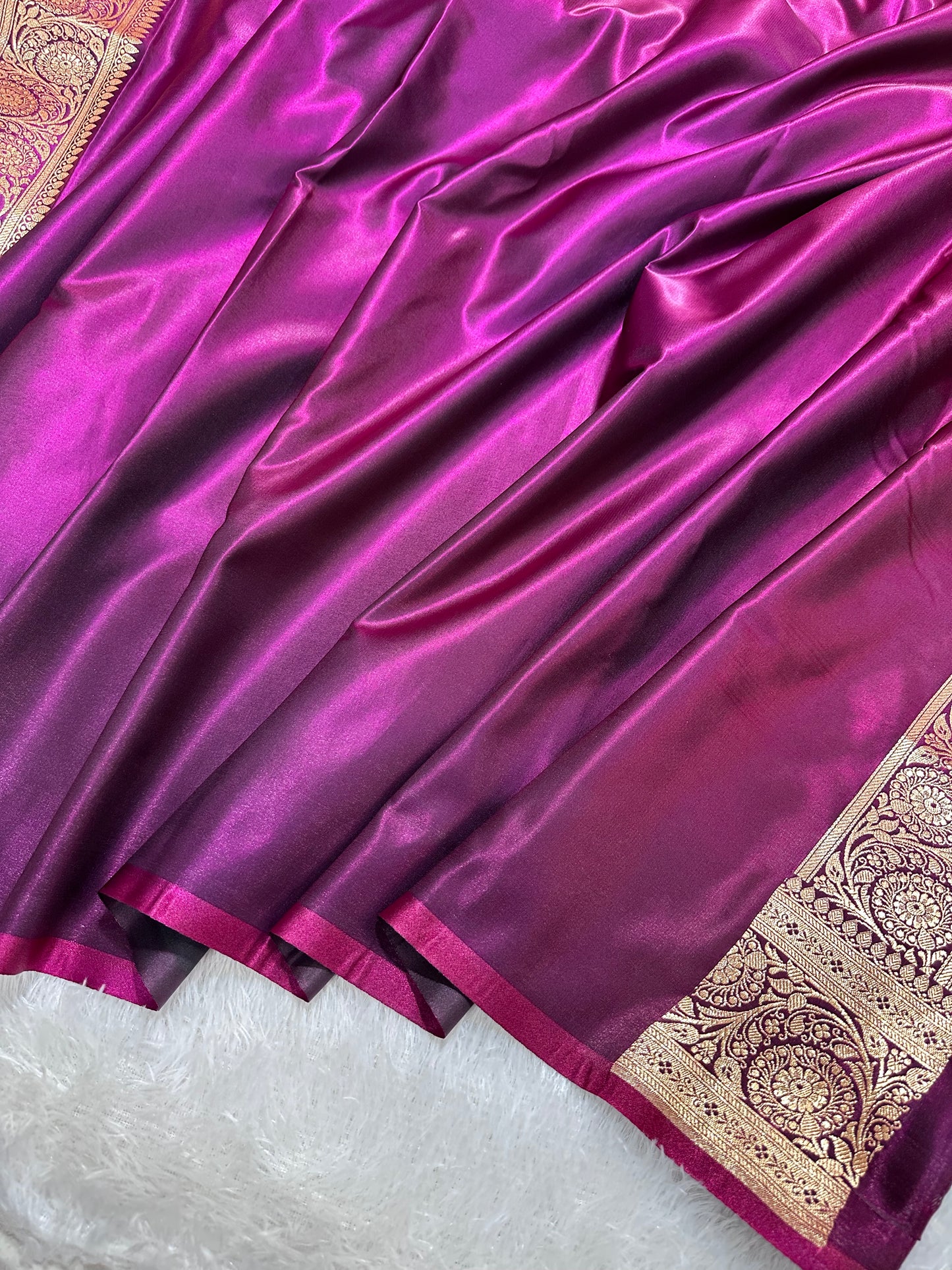 Deep Wine Satin Silk Banarasi Saree with Royal Guldasta Chakra Border and Traditional Chand-Panna Butis