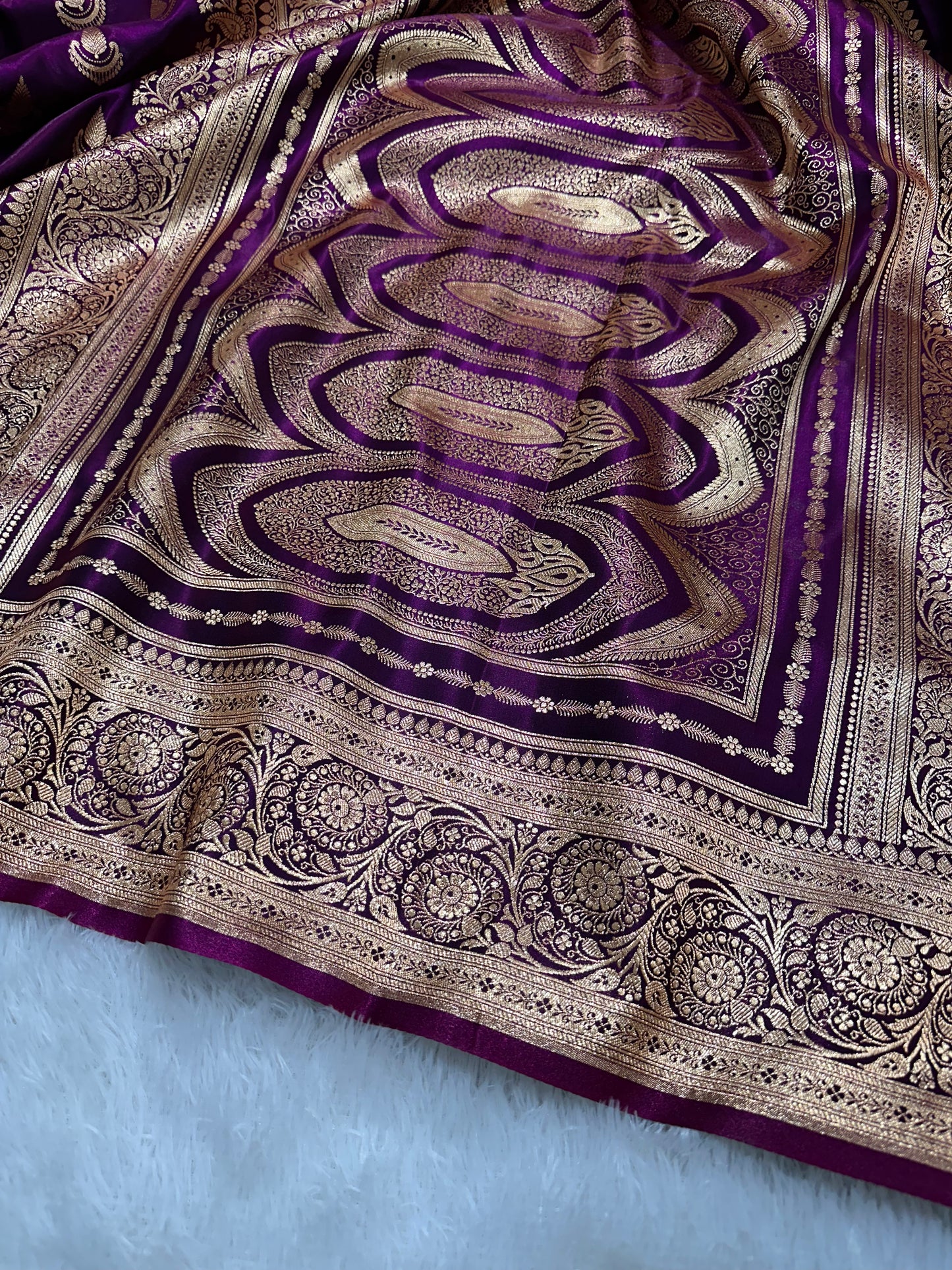 Deep Wine Satin Silk Banarasi Saree with Royal Guldasta Chakra Border and Traditional Chand-Panna Butis