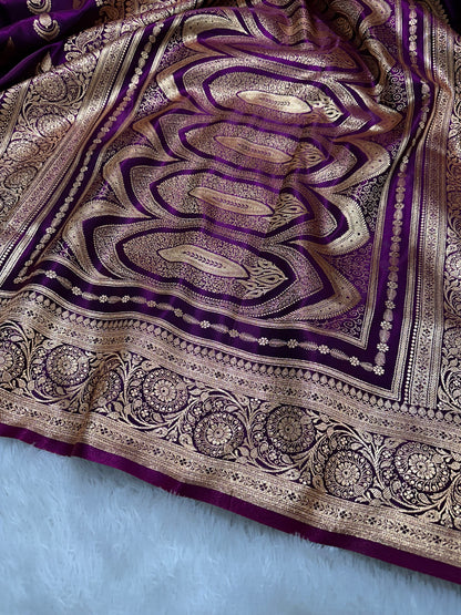 Deep Wine Satin Silk Banarasi Saree with Royal Guldasta Chakra Border and Traditional Chand-Panna Butis