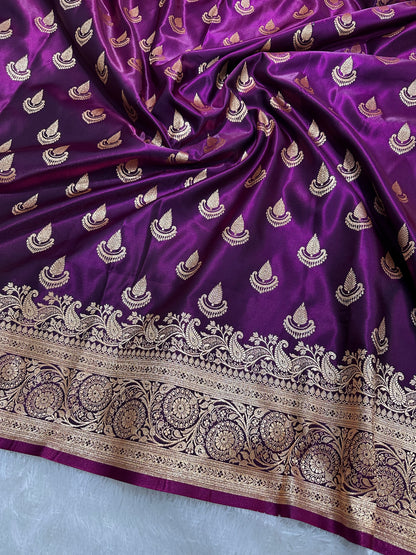Deep Wine Satin Silk Banarasi Saree with Royal Guldasta Chakra Border and Traditional Chand-Panna Butis