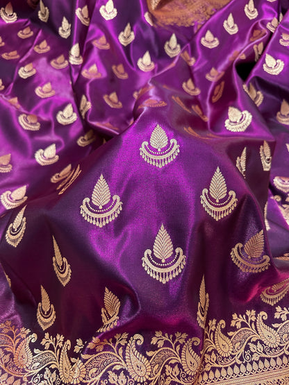 Deep Wine Satin Silk Banarasi Saree with Royal Guldasta Chakra Border and Traditional Chand-Panna Butis