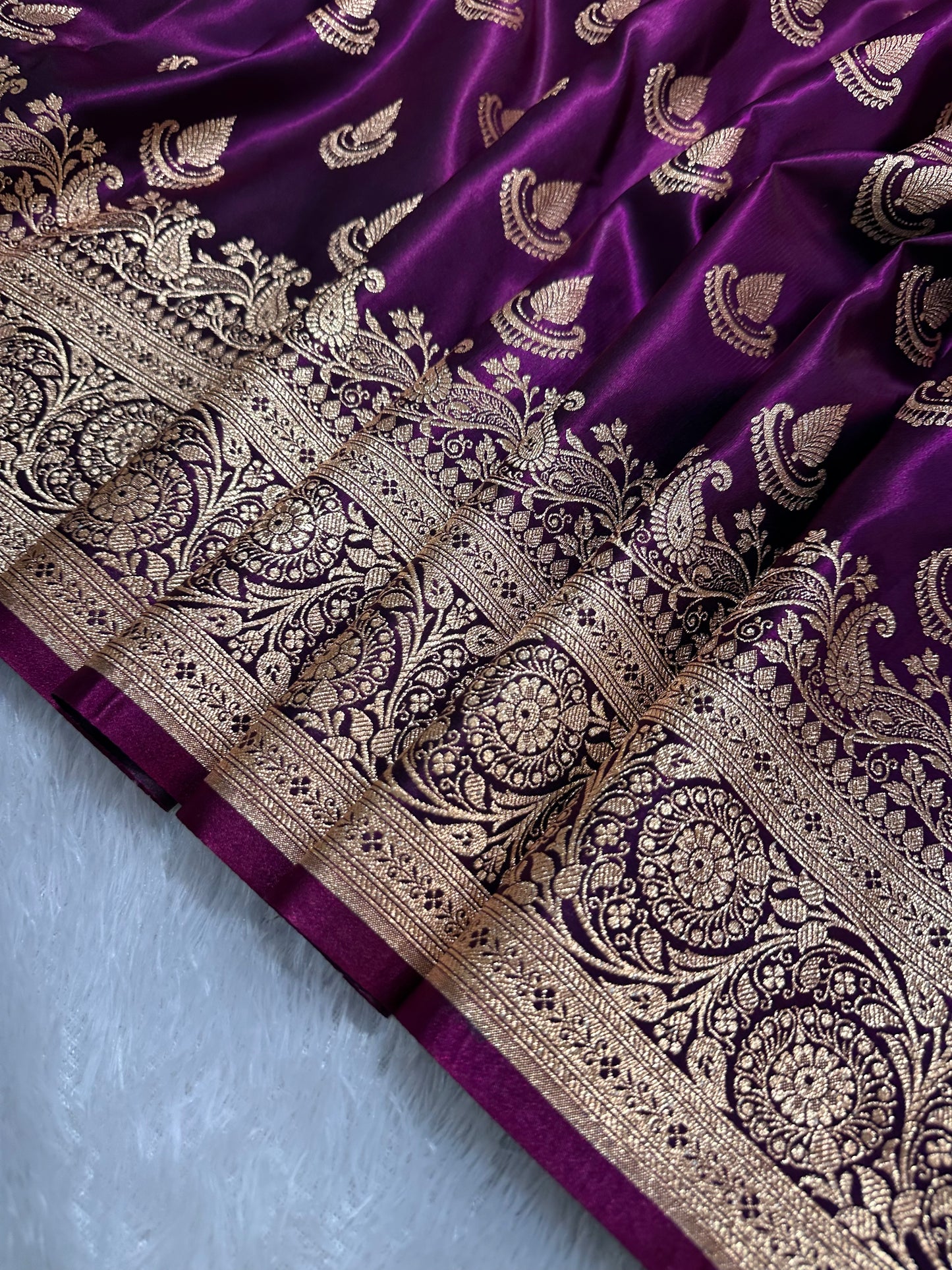 Deep Wine Satin Silk Banarasi Saree with Royal Guldasta Chakra Border and Traditional Chand-Panna Butis