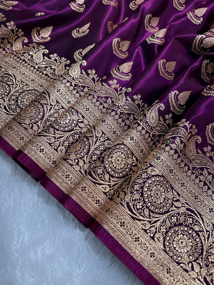 Deep Wine Satin Silk Banarasi Saree with Royal Guldasta Chakra Border and Traditional Chand-Panna Butis