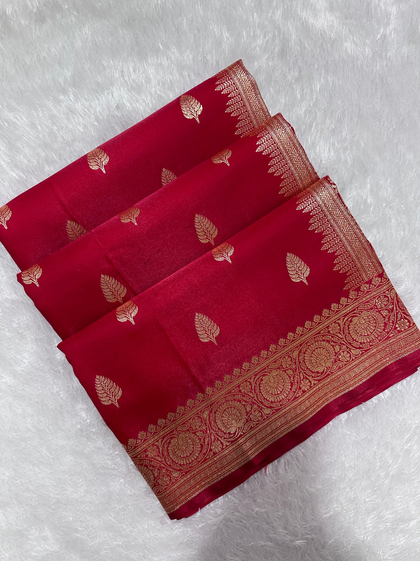 Crimson Red Satin Silk Banarasi Saree with Royal Guldasta Chakra Border and Bold Gold Panna Butis