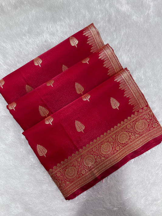 Crimson Red Satin Silk Banarasi Saree with Royal Guldasta Chakra Border and Bold Gold Panna Butis