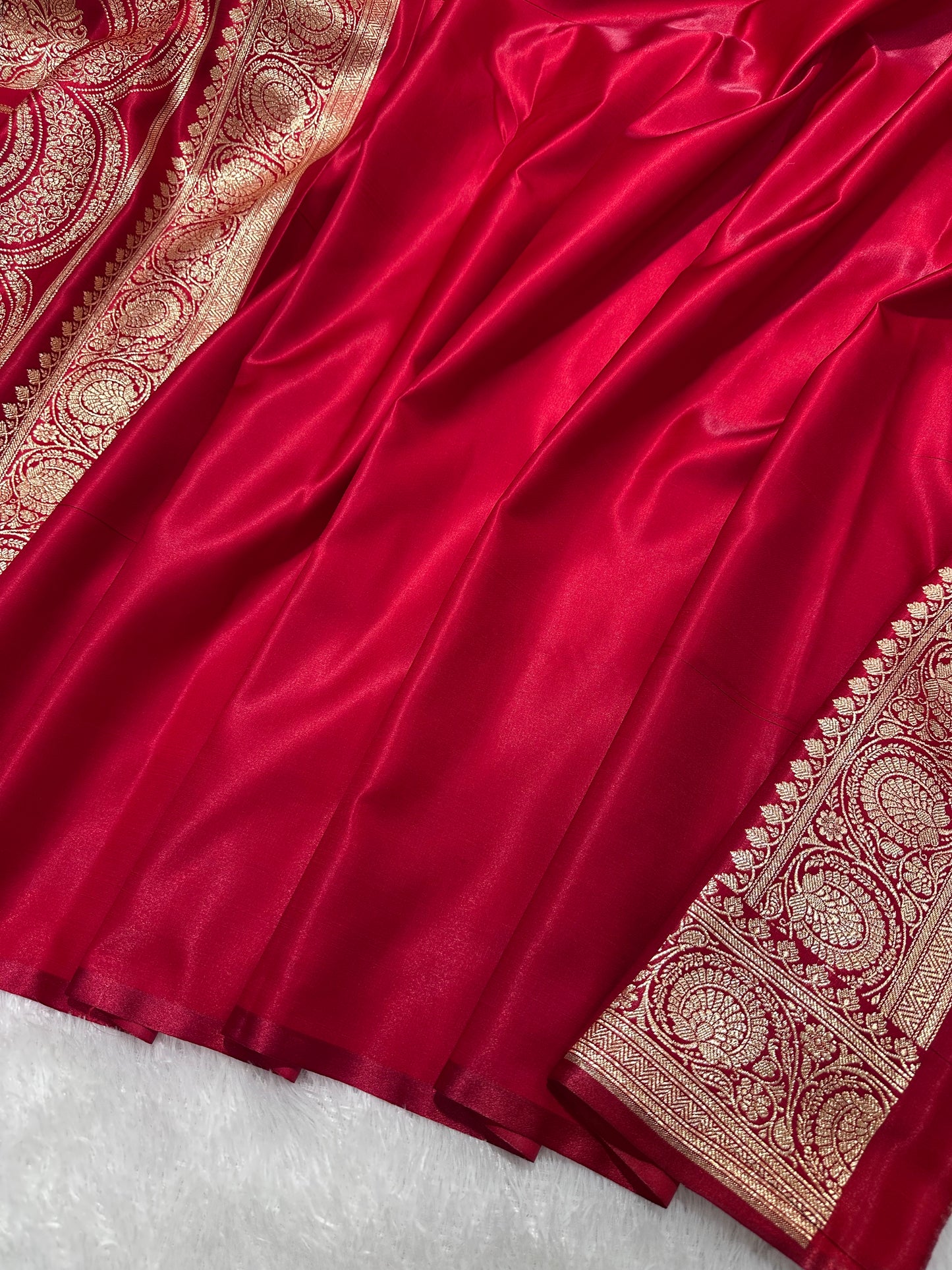 Crimson Red Satin Silk Banarasi Saree with Royal Guldasta Chakra Border and Bold Gold Panna Butis