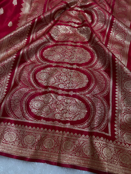 Crimson Red Satin Silk Banarasi Saree with Royal Guldasta Chakra Border and Bold Gold Panna Butis