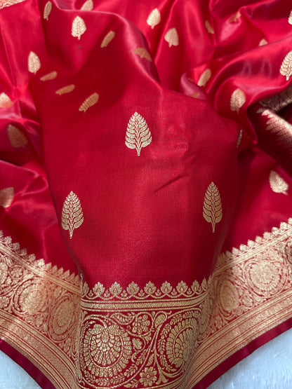 Crimson Red Satin Silk Banarasi Saree with Royal Guldasta Chakra Border and Bold Gold Panna Butis
