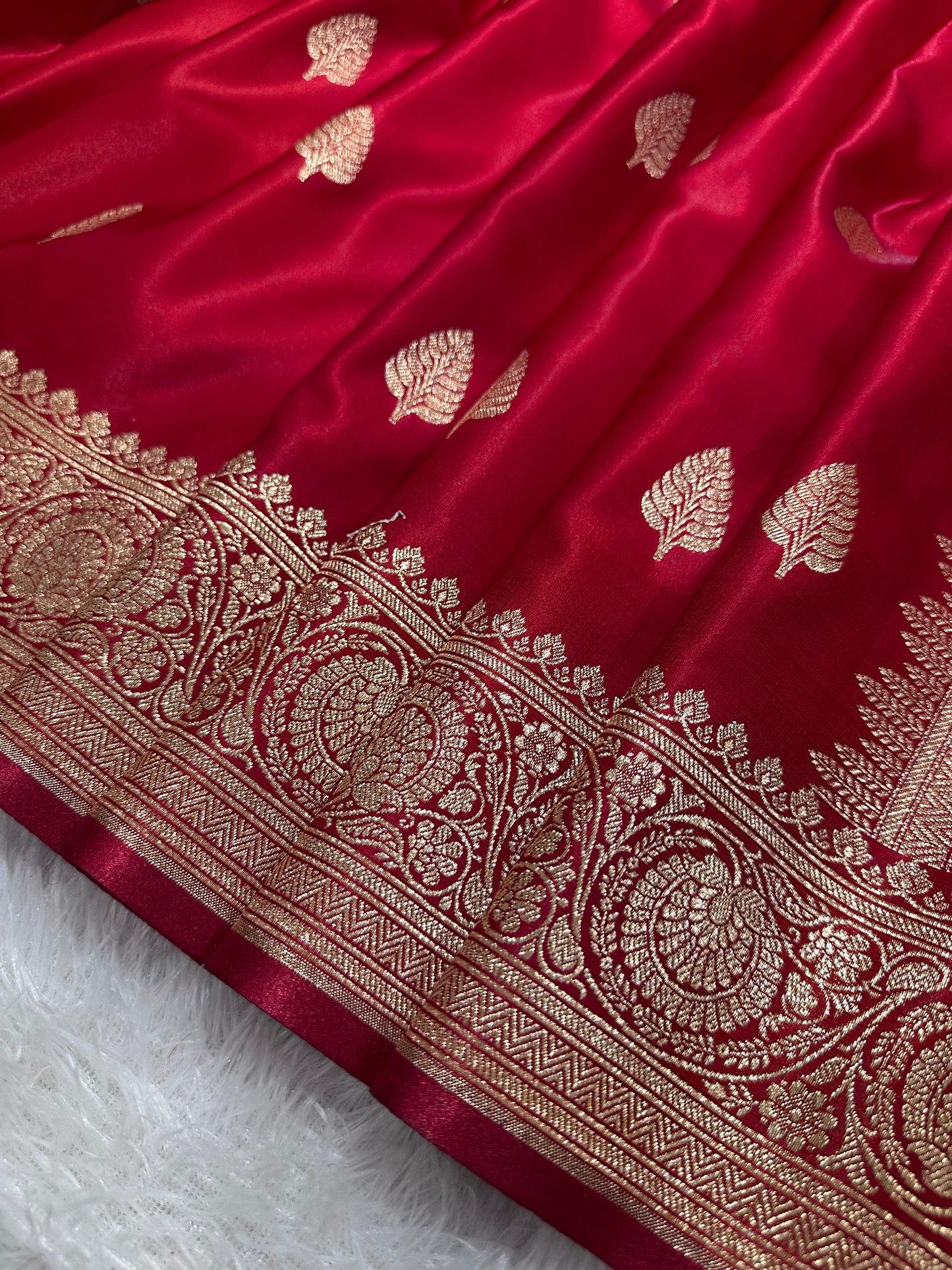 Crimson Red Satin Silk Banarasi Saree with Royal Guldasta Chakra Border and Bold Gold Panna Butis