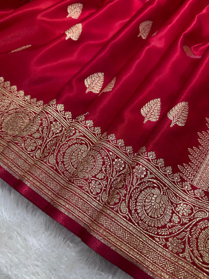 Crimson Red Satin Silk Banarasi Saree with Royal Guldasta Chakra Border and Bold Gold Panna Butis