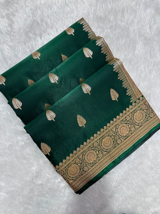 Bottle Green Satin Silk Banarasi Saree with Royal Guldasta Chakra Border and Bold Gold Panna Butis