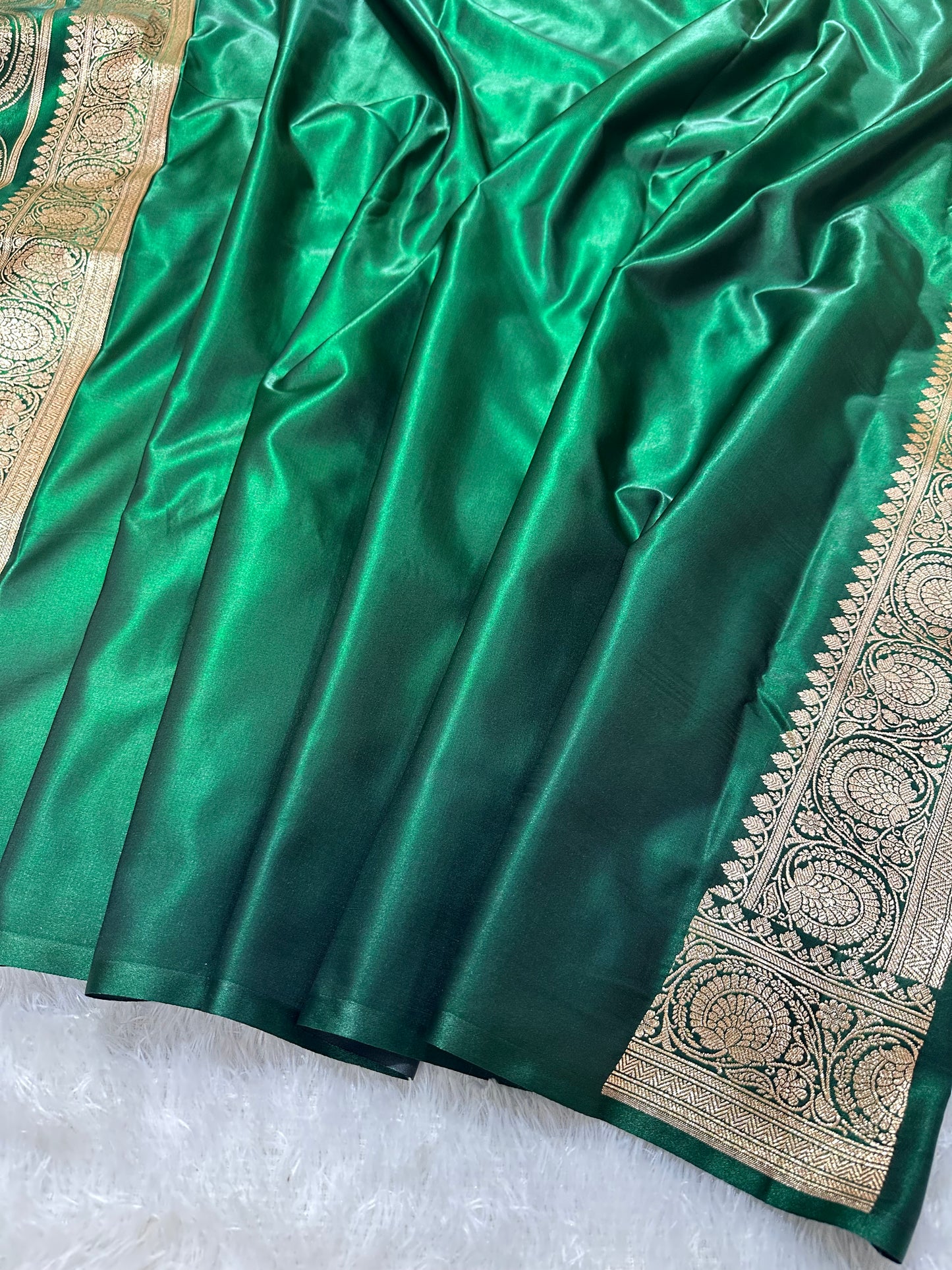 Bottle Green Satin Silk Banarasi Saree with Royal Guldasta Chakra Border and Bold Gold Panna Butis