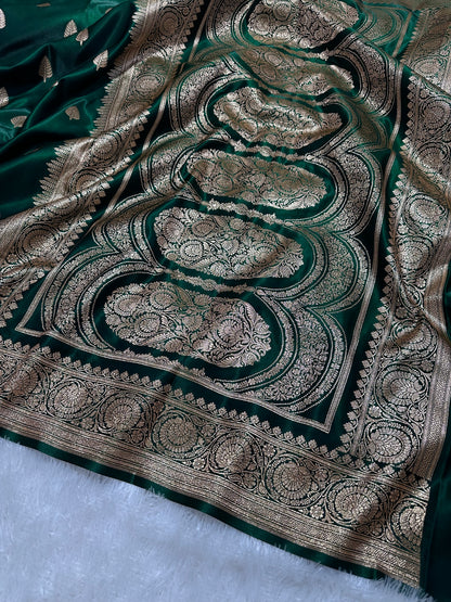 Bottle Green Satin Silk Banarasi Saree with Royal Guldasta Chakra Border and Bold Gold Panna Butis