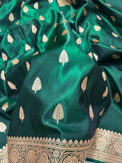 Bottle Green Satin Silk Banarasi Saree with Royal Guldasta Chakra Border and Bold Gold Panna Butis