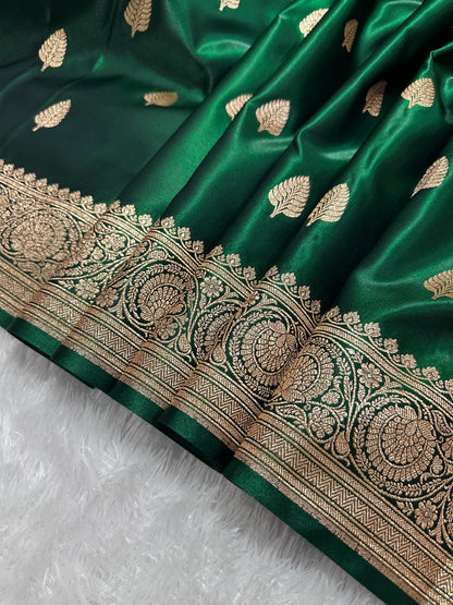 Bottle Green Satin Silk Banarasi Saree with Royal Guldasta Chakra Border and Bold Gold Panna Butis