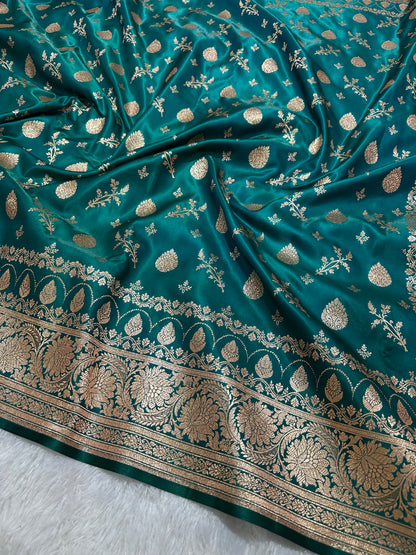 Rama Green Satin Silk Banarasi Saree with Royal Guldasta Chakra Border and Bold Gold Panna Butis (Copy)