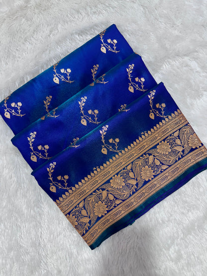 Peacock Dual-Tone Satin Silk Banarasi Saree with Royal Guldasta Chakra Border and Bold Gold Panna Butis (Copy) (Copy)