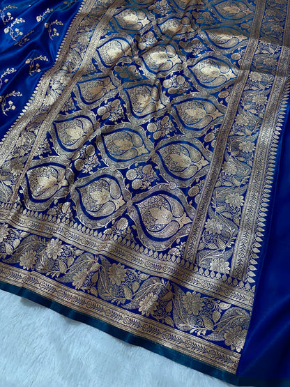 Peacock Dual-Tone Satin Silk Banarasi Saree with Royal Guldasta Chakra Border and Bold Gold Panna Butis (Copy) (Copy)