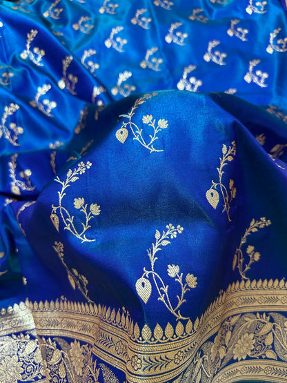 Peacock Dual-Tone Satin Silk Banarasi Saree with Royal Guldasta Chakra Border and Bold Gold Panna Butis (Copy) (Copy)