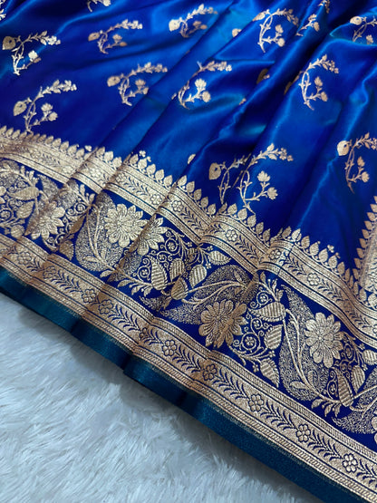 Peacock Dual-Tone Satin Silk Banarasi Saree with Royal Guldasta Chakra Border and Bold Gold Panna Butis (Copy) (Copy)