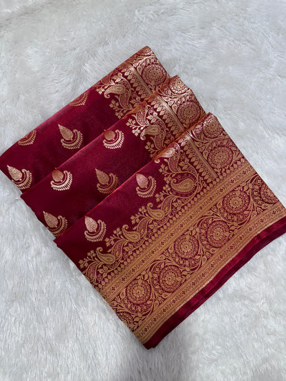 Bridal Maroon Satin Silk Banarasi Saree with Royal Guldasta Chakra Border and Traditional Chand-Panna Butis