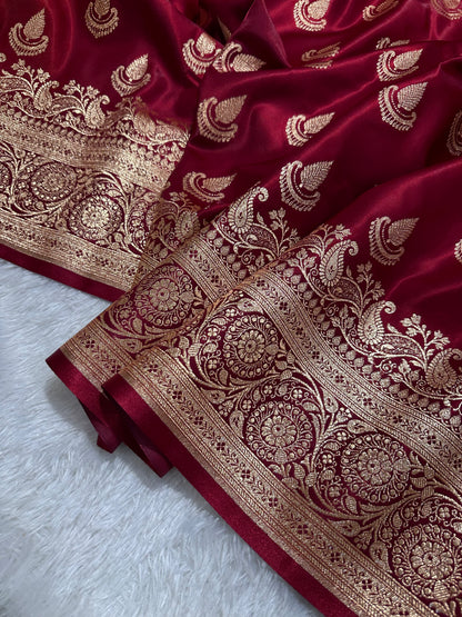Bridal Maroon Satin Silk Banarasi Saree with Royal Guldasta Chakra Border and Traditional Chand-Panna Butis