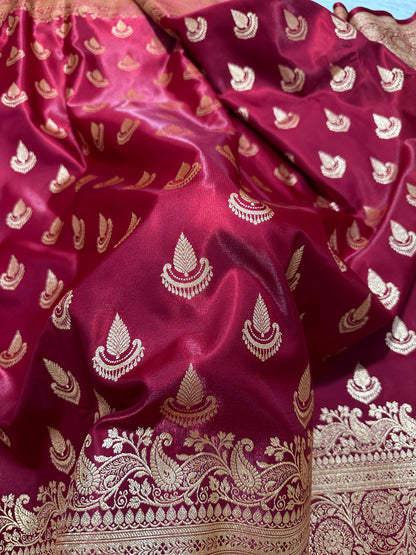 Bridal Maroon Satin Silk Banarasi Saree with Royal Guldasta Chakra Border and Traditional Chand-Panna Butis
