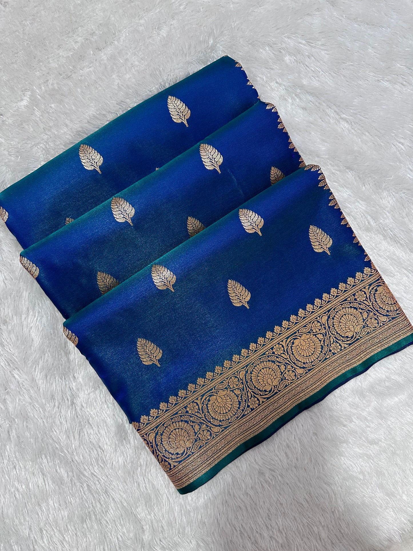 Royal Peacock Blue Satin Silk Banarasi Saree with Royal Guldasta Chakra Border and Bold Gold Panna Butis