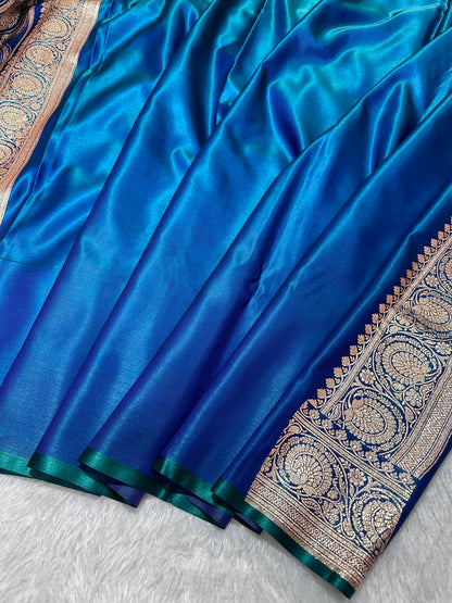 Royal Peacock Blue Satin Silk Banarasi Saree with Royal Guldasta Chakra Border and Bold Gold Panna Butis