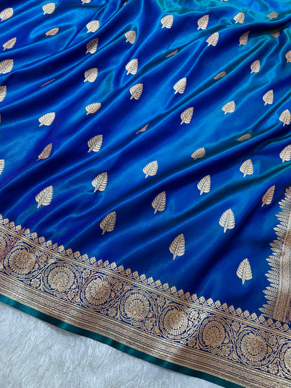 Royal Peacock Blue Satin Silk Banarasi Saree with Royal Guldasta Chakra Border and Bold Gold Panna Butis