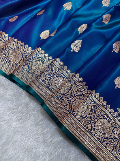 Royal Peacock Blue Satin Silk Banarasi Saree with Royal Guldasta Chakra Border and Bold Gold Panna Butis