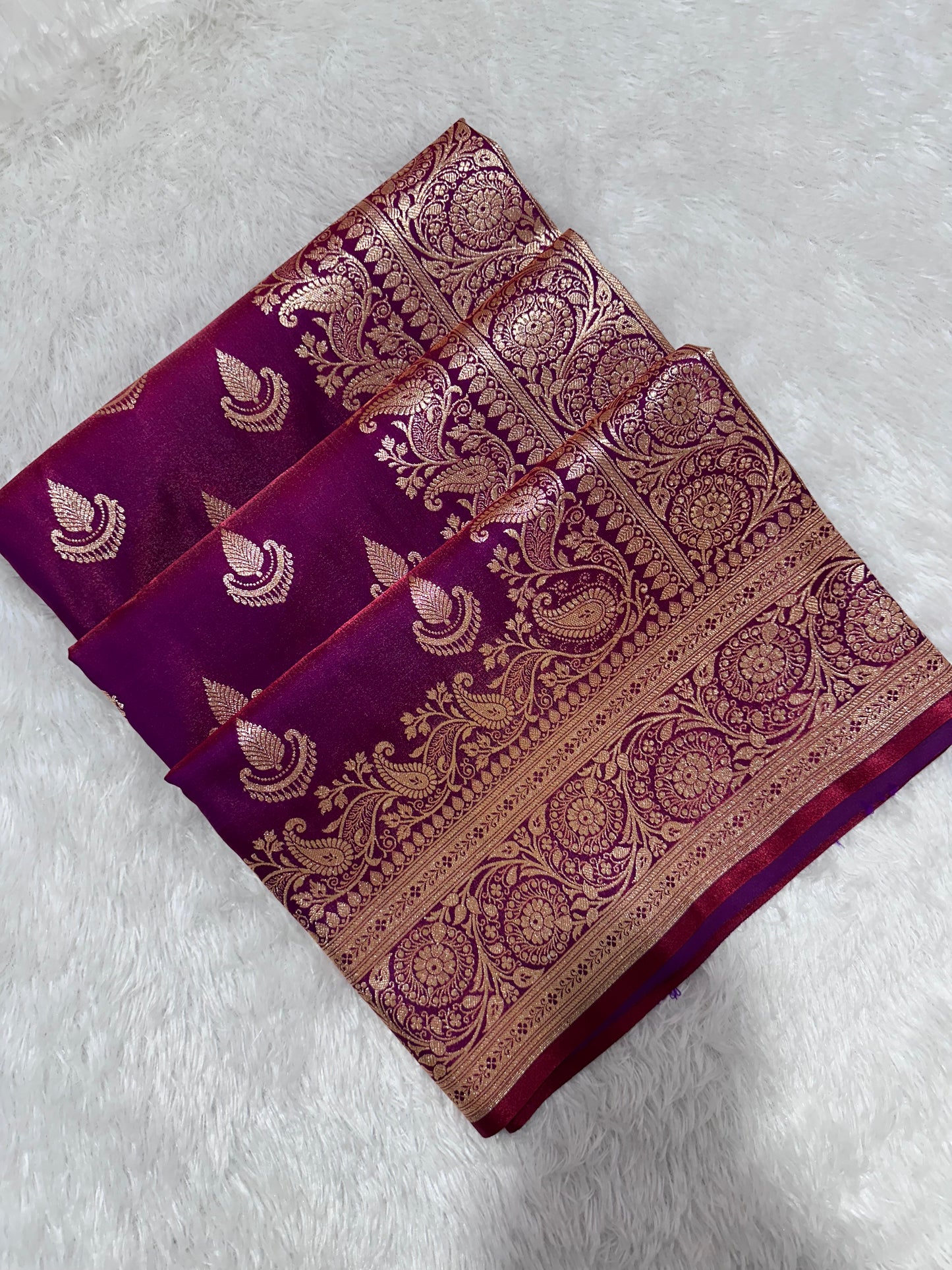Deep Wine Satin Silk Banarasi Saree with Royal Guldasta Chakra Border and Traditional Chand-Panna Butis