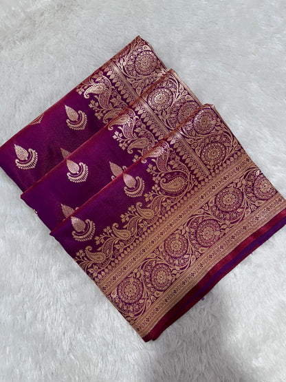 Deep Wine Satin Silk Banarasi Saree with Royal Guldasta Chakra Border and Traditional Chand-Panna Butis