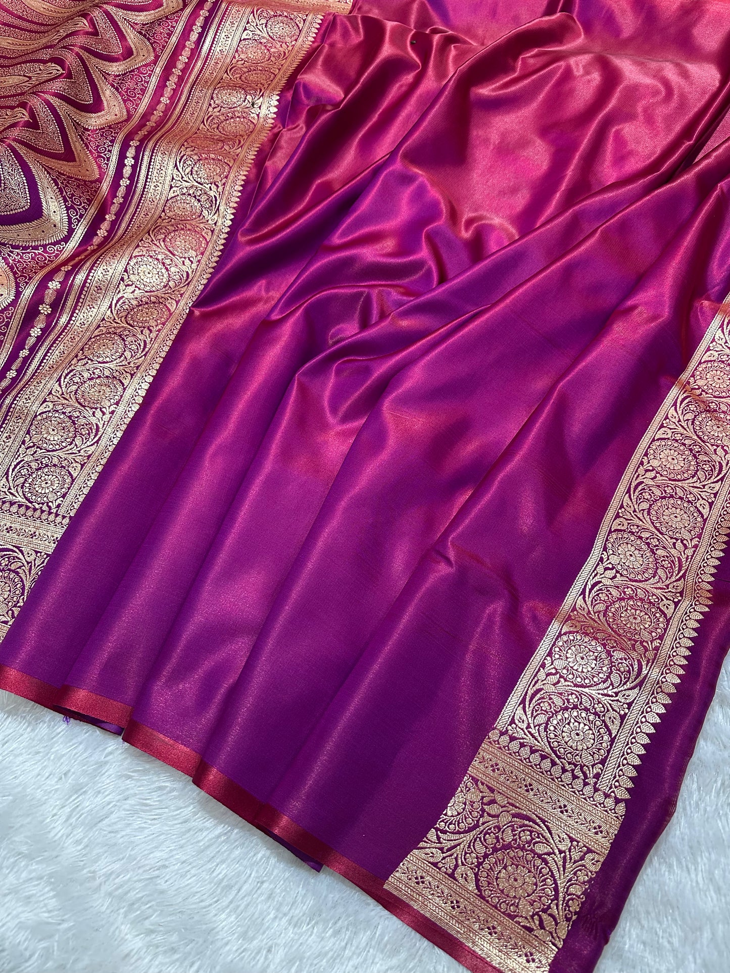 Deep Wine Satin Silk Banarasi Saree with Royal Guldasta Chakra Border and Traditional Chand-Panna Butis
