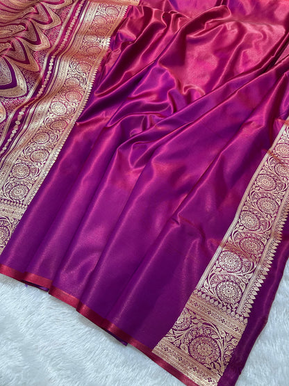 Deep Wine Satin Silk Banarasi Saree with Royal Guldasta Chakra Border and Traditional Chand-Panna Butis
