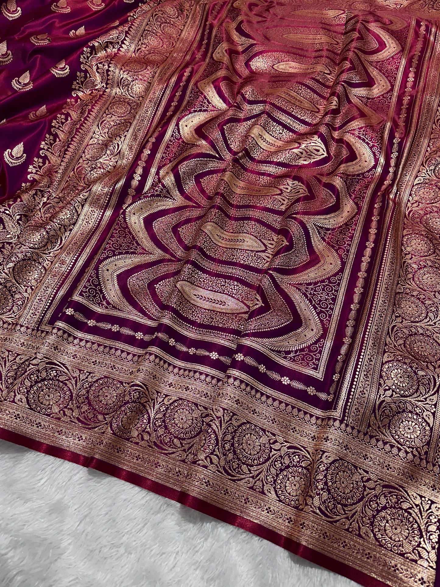 Deep Wine Satin Silk Banarasi Saree with Royal Guldasta Chakra Border and Traditional Chand-Panna Butis