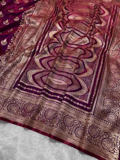 Deep Wine Satin Silk Banarasi Saree with Royal Guldasta Chakra Border and Traditional Chand-Panna Butis