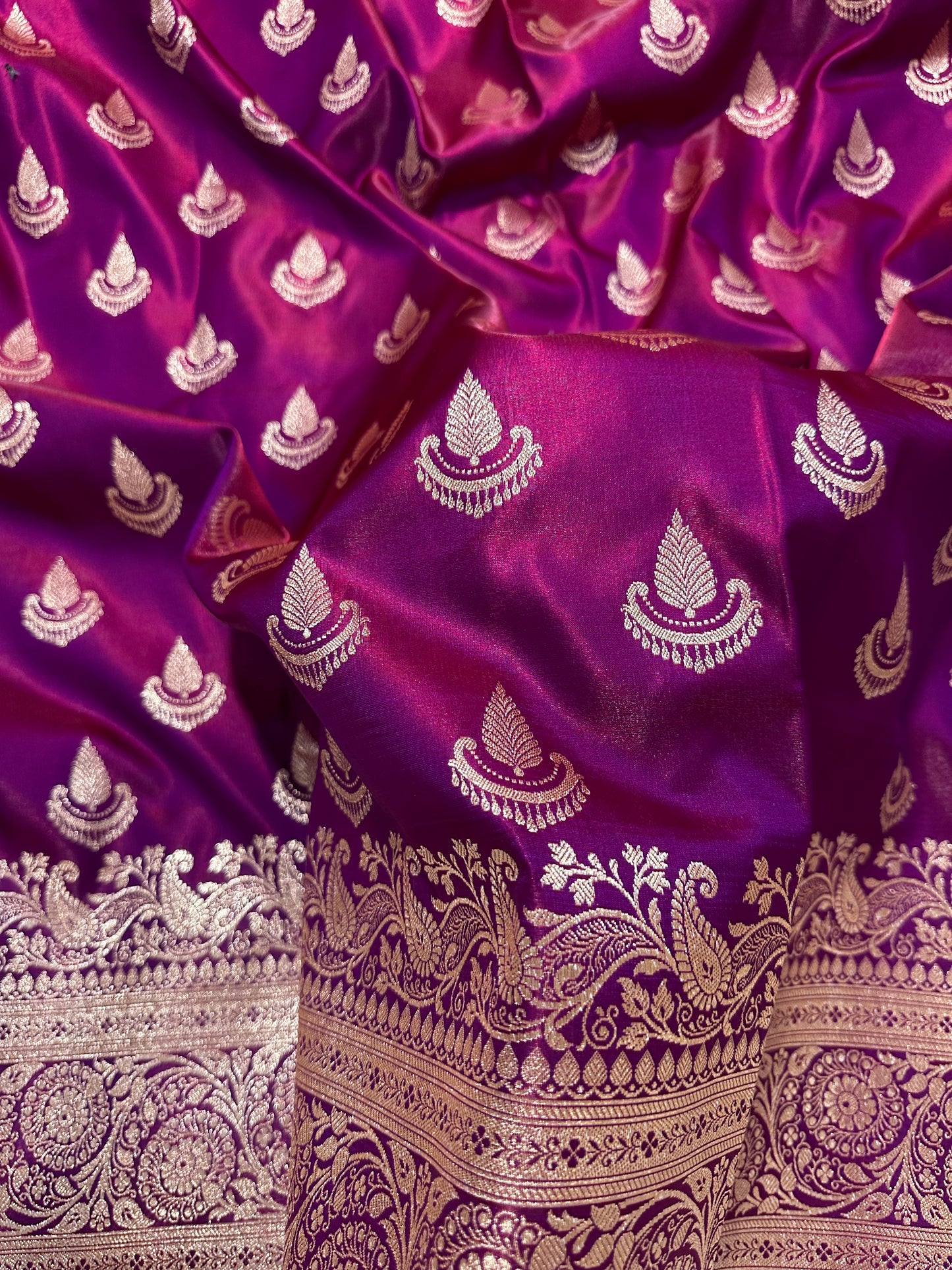 Deep Wine Satin Silk Banarasi Saree with Royal Guldasta Chakra Border and Traditional Chand-Panna Butis