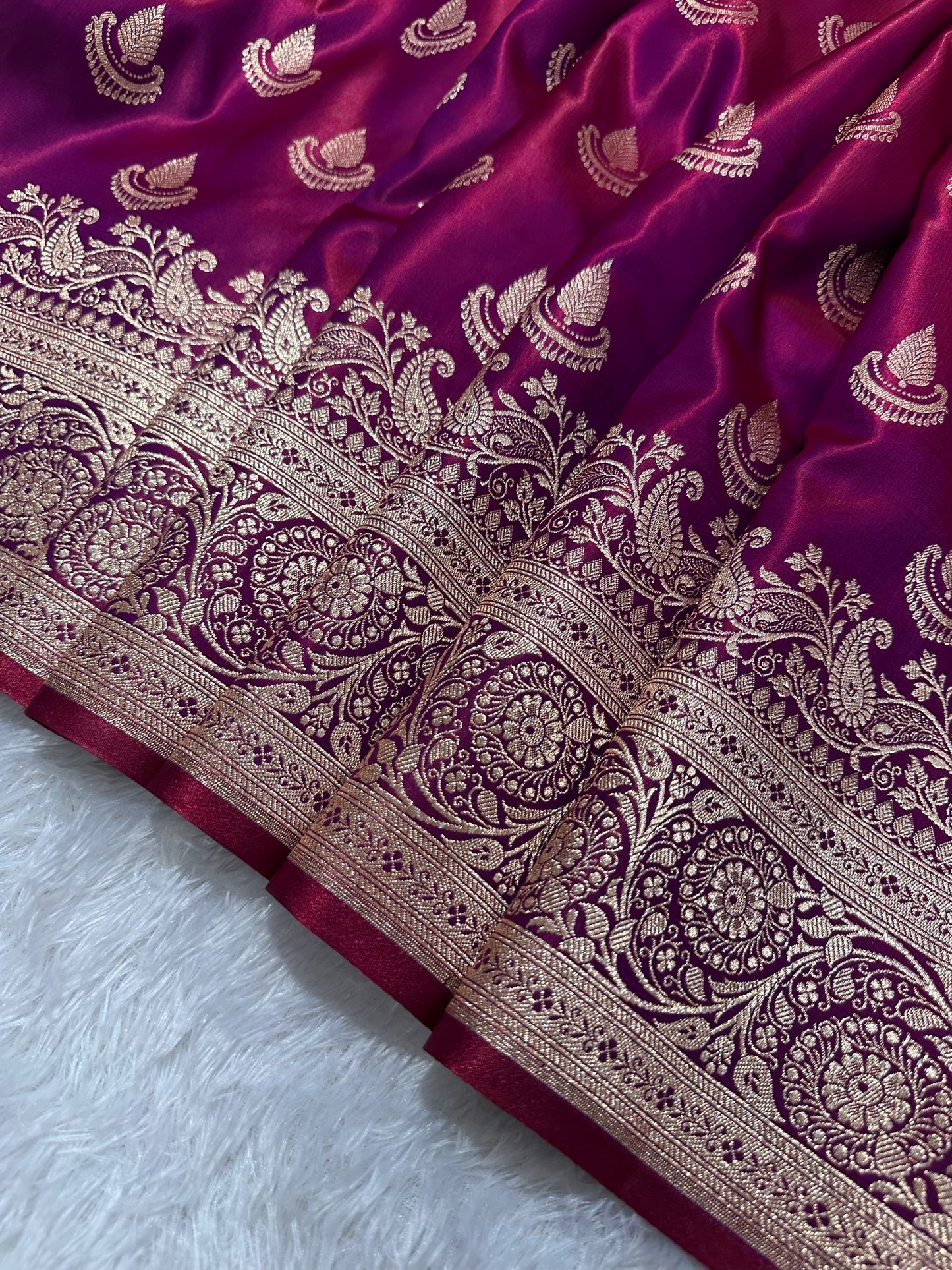 Deep Wine Satin Silk Banarasi Saree with Royal Guldasta Chakra Border and Traditional Chand-Panna Butis