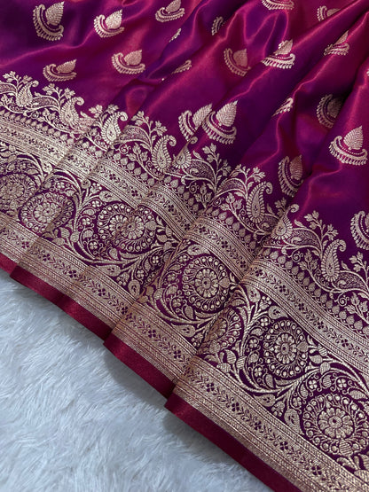 Deep Wine Satin Silk Banarasi Saree with Royal Guldasta Chakra Border and Traditional Chand-Panna Butis