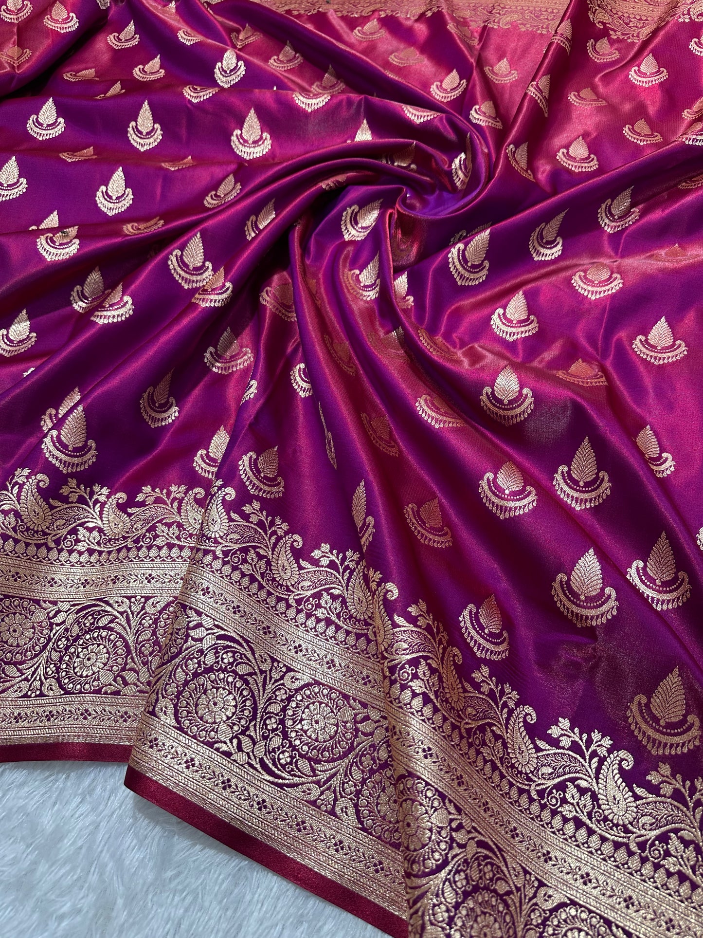 Deep Wine Satin Silk Banarasi Saree with Royal Guldasta Chakra Border and Traditional Chand-Panna Butis