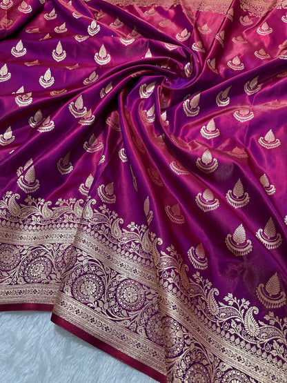 Deep Wine Satin Silk Banarasi Saree with Royal Guldasta Chakra Border and Traditional Chand-Panna Butis