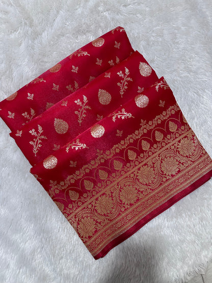 Crimson Red Satin Silk Banarasi Saree with Royal Floral Jhallar Border and Elegant Kalka-Floral Jaal Butis