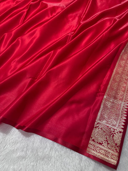 Crimson Red Satin Silk Banarasi Saree with Royal Floral Jhallar Border and Elegant Kalka-Floral Jaal Butis