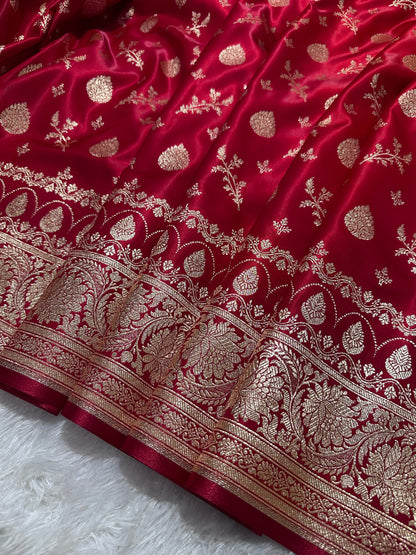 Crimson Red Satin Silk Banarasi Saree with Royal Floral Jhallar Border and Elegant Kalka-Floral Jaal Butis