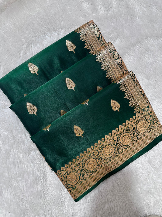 Classic Bottle Green Satin Silk Banarasi Saree with Royal Guldasta Chakra Border and Bold Gold Panna Butis