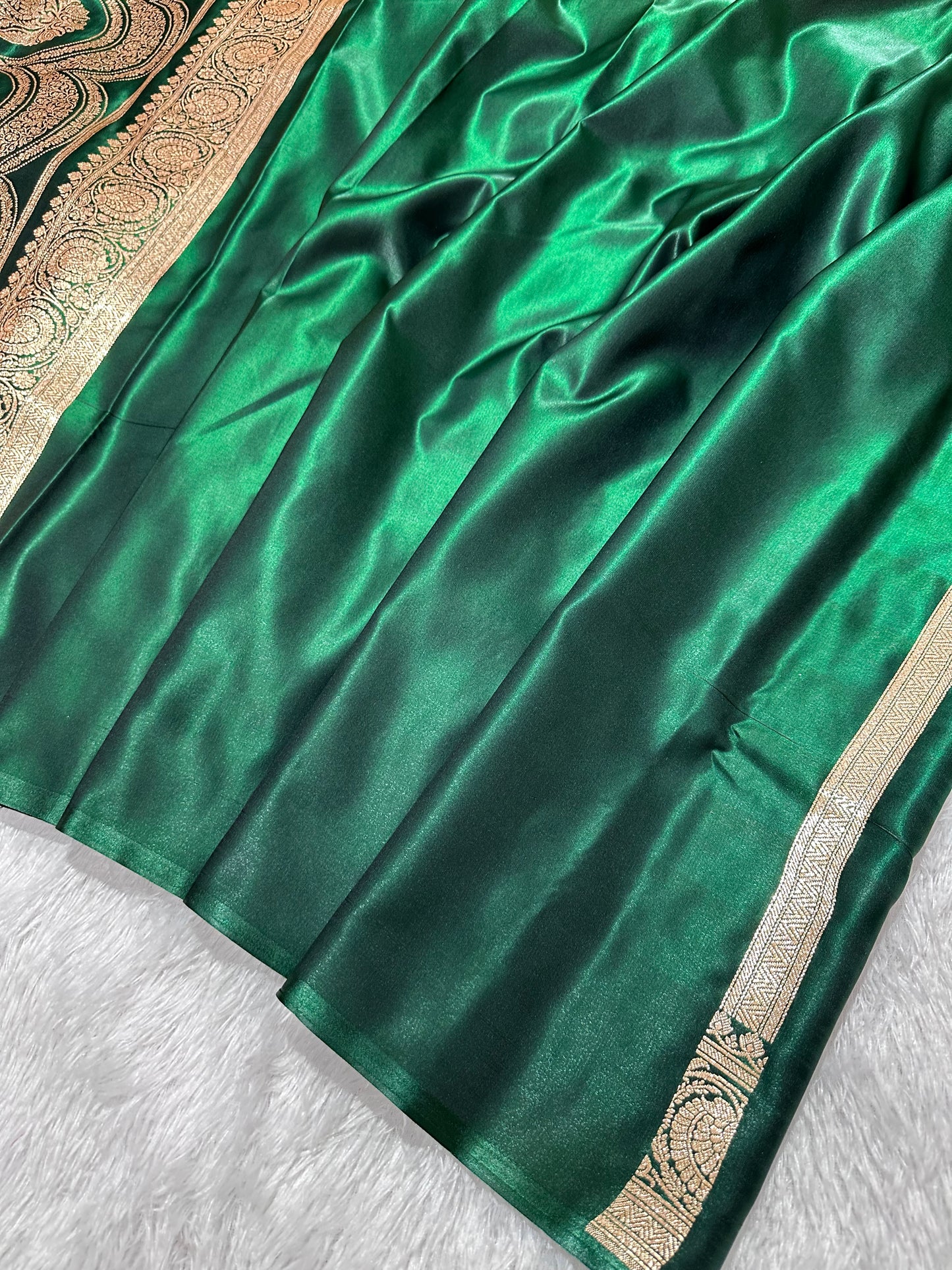 Classic Bottle Green Satin Silk Banarasi Saree with Royal Guldasta Chakra Border and Bold Gold Panna Butis