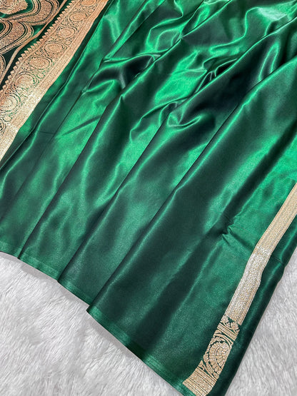 Classic Bottle Green Satin Silk Banarasi Saree with Royal Guldasta Chakra Border and Bold Gold Panna Butis