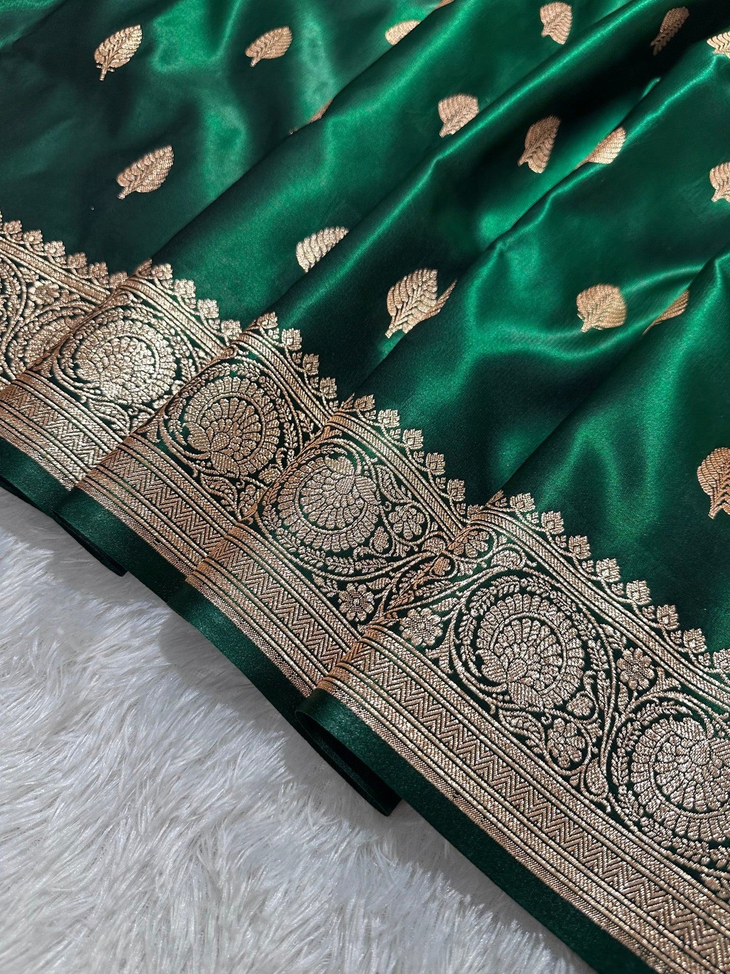 Classic Bottle Green Satin Silk Banarasi Saree with Royal Guldasta Chakra Border and Bold Gold Panna Butis